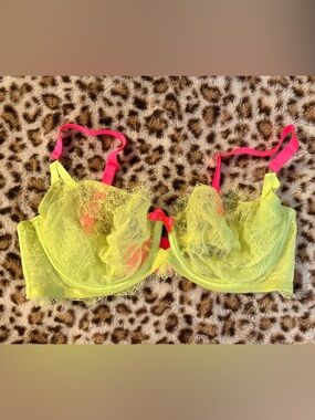 Victoria's Secret Neon Yellow Lace Bra with Hot Pink Straps